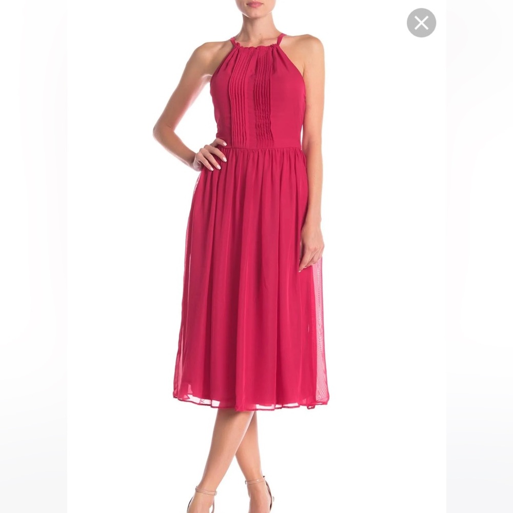 NWT Nicole Miller Halter Pleated Midi Party Dress Hot Pink 8